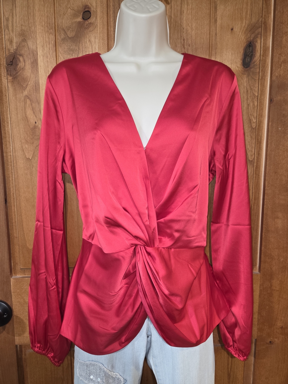 INC International Concepts Red Satin Twist-Front Long Sleeve Blouse